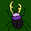 Pixel art of a stag beetle, the background is dark green and the beetle is the colours of the non binary flag