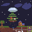 Pixel art of a ufo abducting a house and the dirt underneath it from a small town. Underneath the ground you can see water pipes and a dinosaur skeleton. The bottom right has the cardboard witch logo instead of the ground