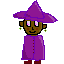 A wizard with a purple wizard hat and purple cloak, they have green earings, light brown skin and pink pupils.