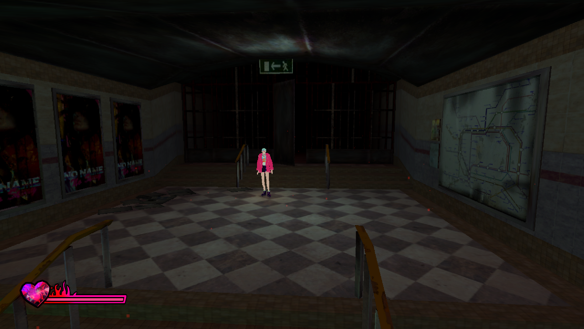 Darkly lit abandoned tube station entrance A person in a neon pink coat and blue hair stands in the centre.