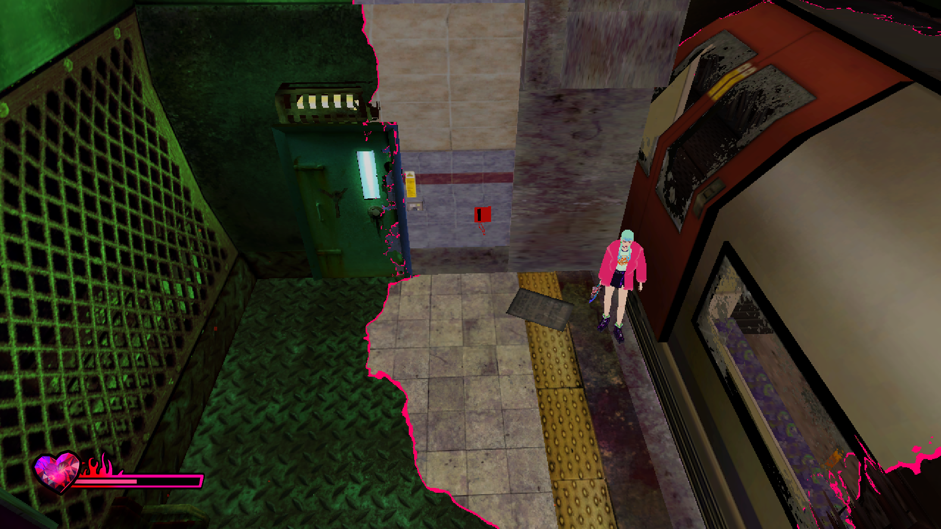 Tube platform with a train a purple circle surronds a person, everything in the circle looks normal whereas outside the circle the station is dark and evil looking.